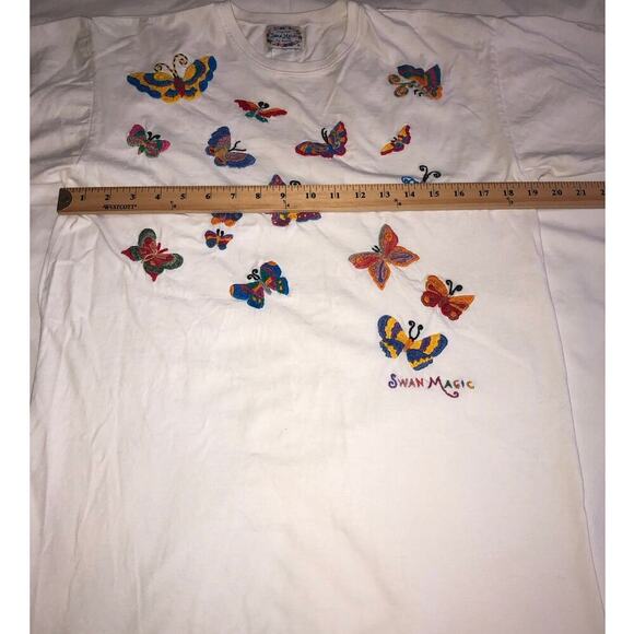 Swan Magic Embroidered Butterflies Shirt Tee 1994 Size S Vintage Cotton White - Picture 4 of 7
